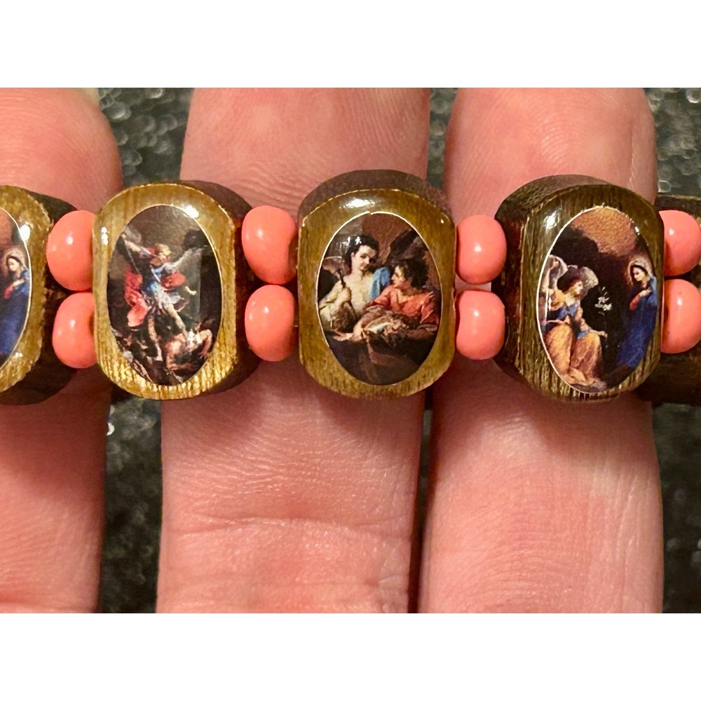 Catholic Religious Wood Icon Stretch Bracelet Pink Spacer Beads Saints Angels - Picture 4 of 6